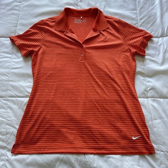 Nike Polo T Shirt Womens Large Orange White Striped Golf Tour Performance Logo - Picture 1 of 5